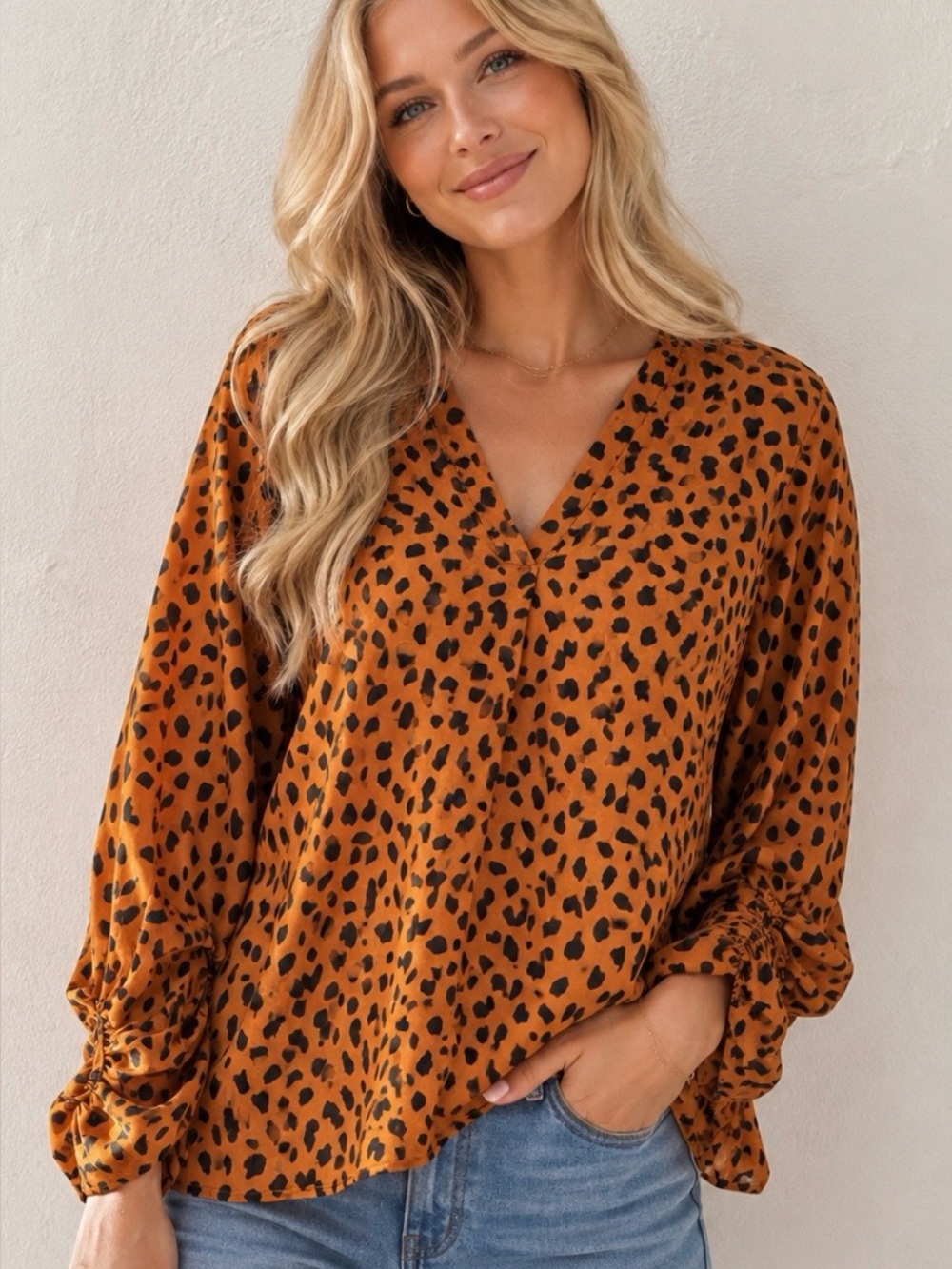 entro Orange and Black Leopard-Spot V-Neck Blouse